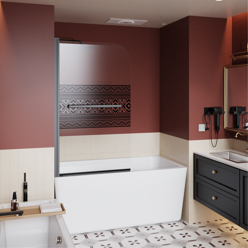 32.In W X 55.In H Shower Door Bathtub, 1/4 Inch Thick Bohemian Pattern Tempered Glass Shower Door With Stainless Steel Handle