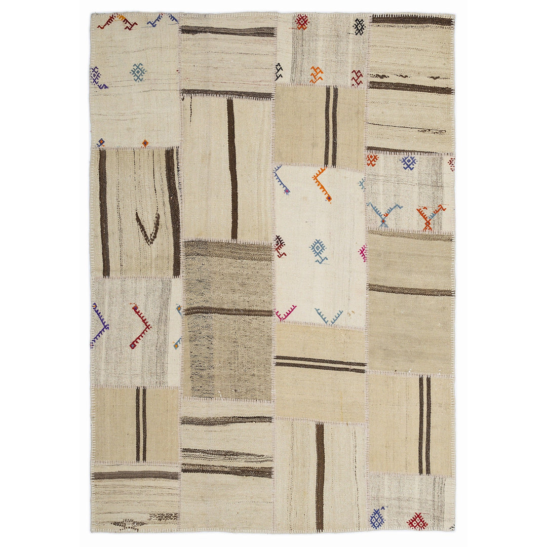 Teselya Beige Striped Wool Handmade Area Rug