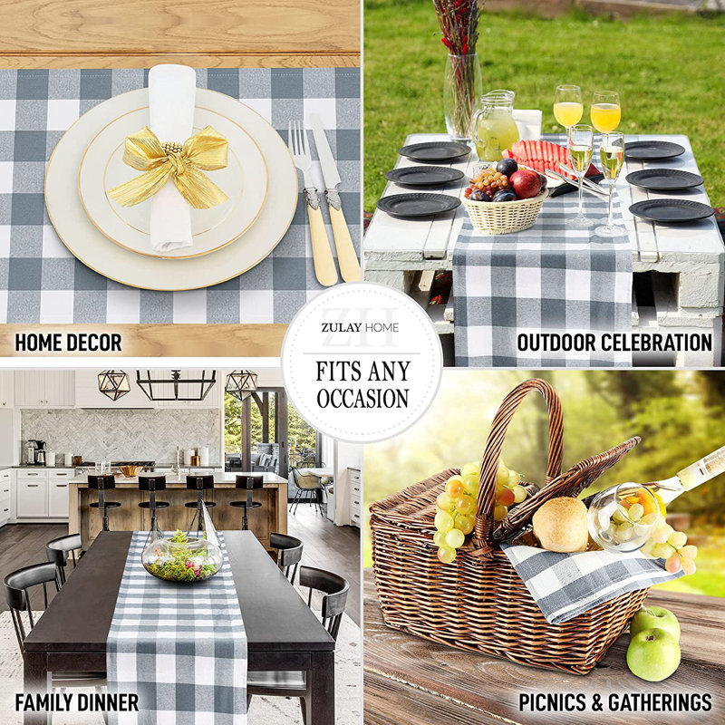 Zulay Home Table Runner Thick Poly Cotton Buffalo Plaid Table Runners 14"x72", Gray/White