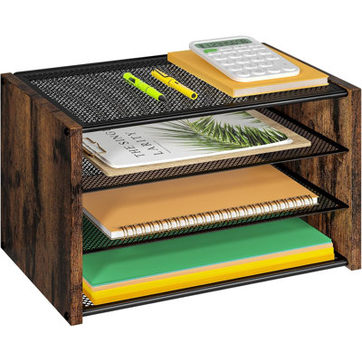 Bac à papier à 3 niveaux, classeur de bureau en bois, organisateur de bureau en maille métallique empilable pour les fournitures de bureau. Petits plateaux à papier pour l'école de bureau à domicile