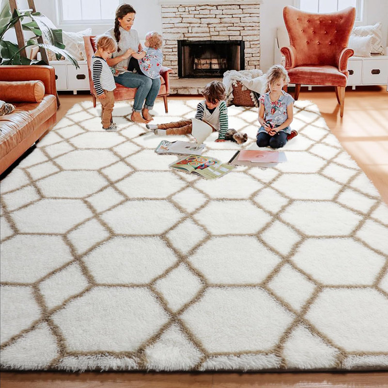 Mignon tapis boho pour l'esthétique du salon, tapis 5 x 8 po, tapis moelleux à poils longs marocain, tapis à poils doux, tapis blanc et beige