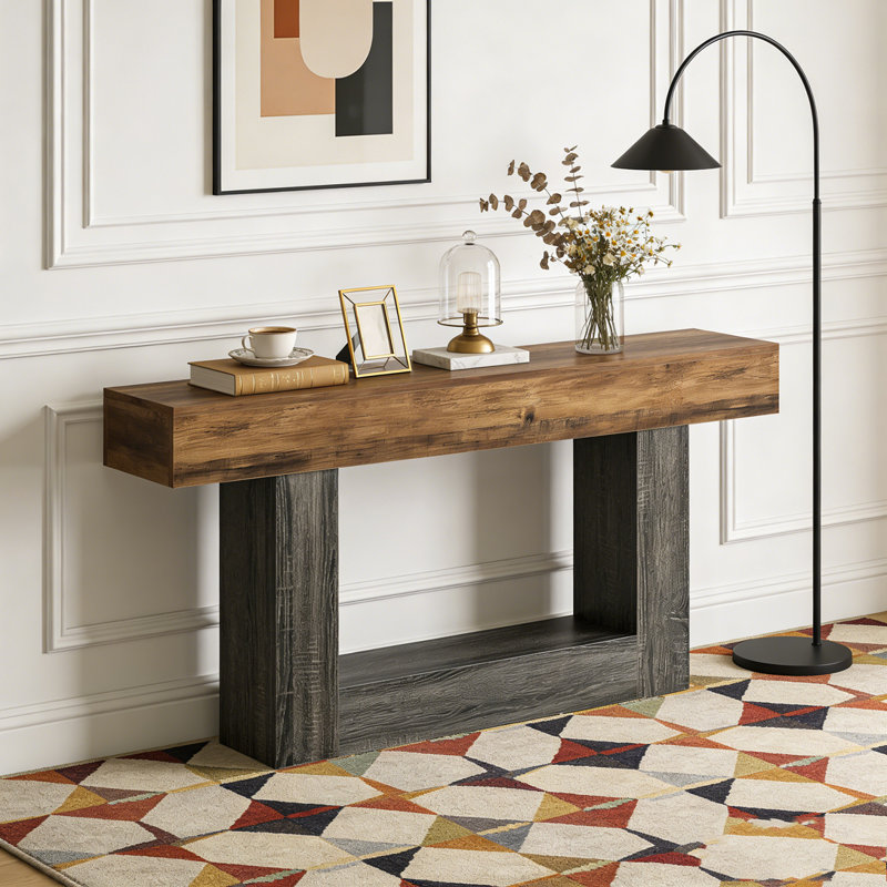 Wooden Farmhouse 2-Tier Sofa Entryway Table, Vintage Brown & Gray