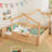 Full Size Floor Bed With Guardrails And Roof, Kids House Floor Bed With A Small Built-In Tray And Free-Installed Signboard, Childlike Design, Natural-472464055-472464053