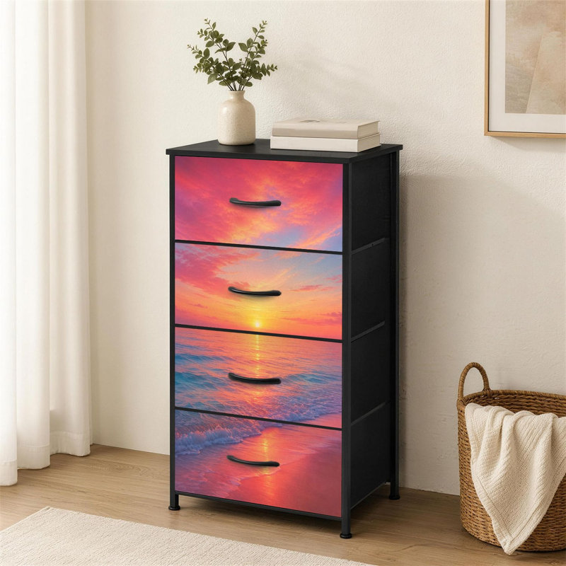 Commode à 4 tiroirs pour chambre à coucher, motif coucher de soleil vibrant et ciel océanique calme. Petite commode haute pour garde-robe, avec tiroirs et bacs de rangement en tissu.