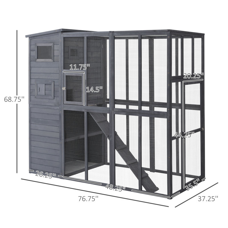 Gray Wooden Outdoor Cat House with Platforms and Ramps