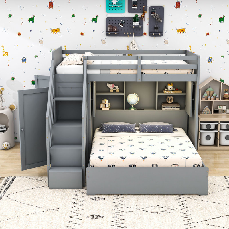 Bunk Bed with Wardrobe,USB and Lights, Gray