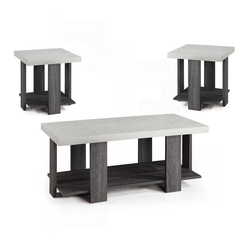 Ensemble de salon gris 3 pièces avec table basse et deux tables de bout assorties
