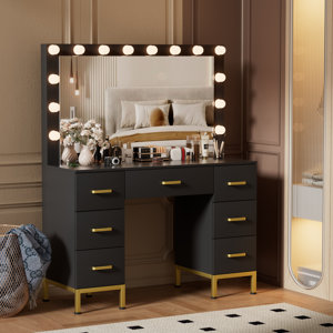 Azmira 43.3'' Large Makeup Vanity, Vanity Set with Lighted Mirror
