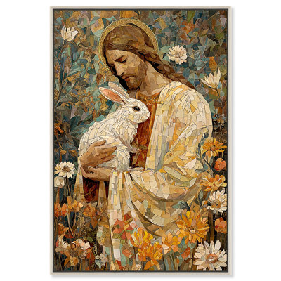  Jesus and Bunny Among the Flowers Christian Religious Wall Art Framed Canvas, Silver Frame, 20 x 30