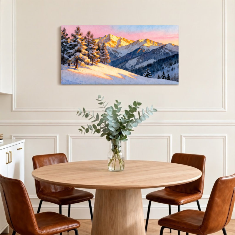 Paysage et nature, montagnes enneigées, coucher de soleil, pin, paysage, H 24 po x l 48 po