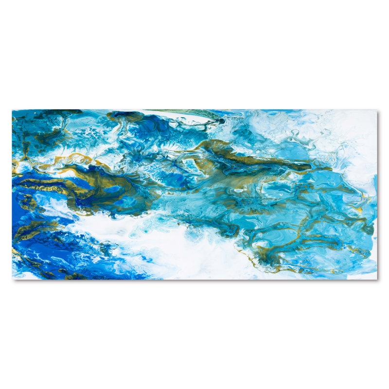 Bleu et blanc, vagues liquides VI - peinture sur toile, H 28 po x l 60 po, Toile tendue