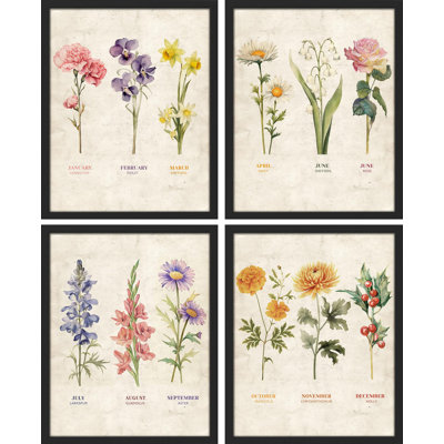 Reproduction d'art floral rétro encadré sur papier rétro avec 4 mois de naissance