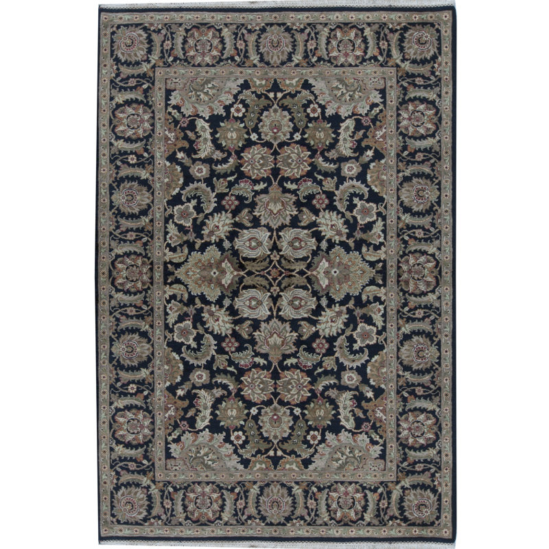 Wool Oriental Area Rug in Black/Ivory/Green