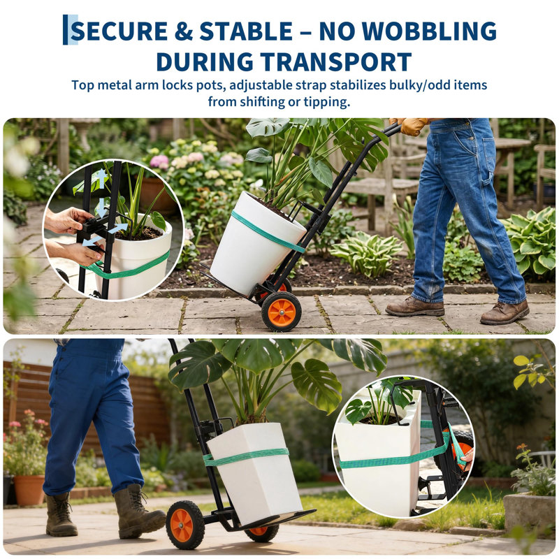 Support à plantes robuste à roulettes – Capacité de 80 kg, bras de préhension ajustables et sangles de fixation pour grands pots – Usage intérieur/extérieur – Noir