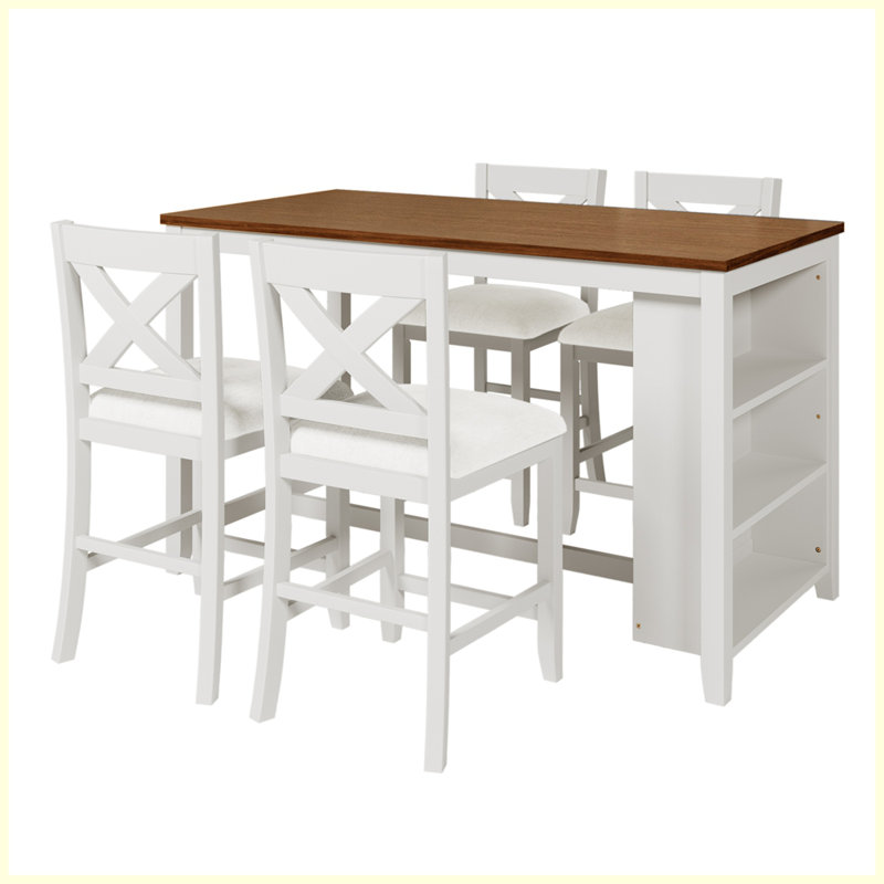 Ensemble de table de bar en bois rustique 5 pièces avec 4 chaises, Noyer/blanc, Beige