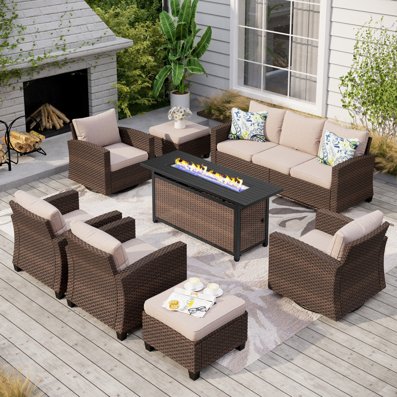 9 - Person Outdoor Wicker Patio Conversation Furniture Set with Swivel Chairs, No, Beige