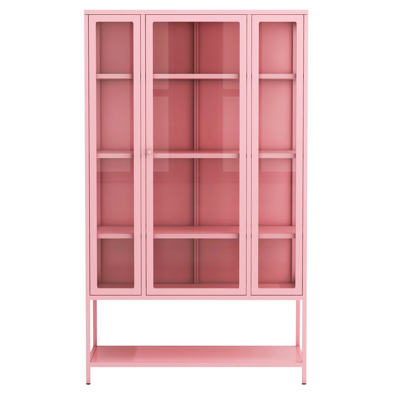 67.25" Tall Iron Display Cabinet With Glass Door And LED Lights Steel, Pink