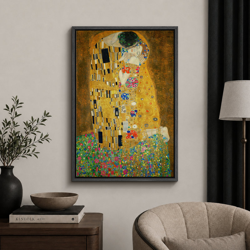 Célèbre œuvre d'art «The Kiss» par Gustav Klimt, H 36 po x l 24 po, Reproduction avec cadre flottant, Noir