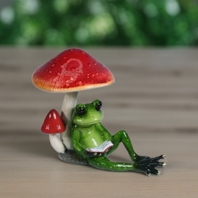 5"W Frog Reading under Mushroom Figurine