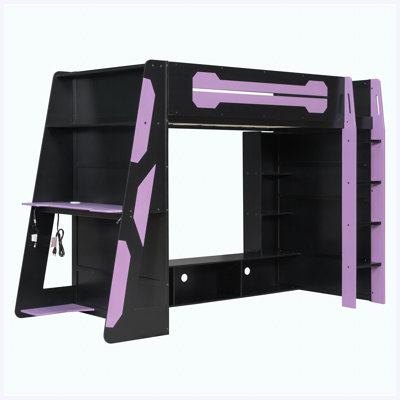 Lit mezzanine simple en bois avec bureau, tablettes de rangement et lumières à DEL RVB, cadre de lit mauve mauve pour enfants adolescents