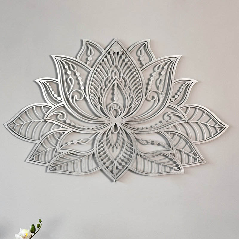 3D Lotus Mandala Metal Wall Art – Spiritual Lotus Flower Décor, Multisize Modern Wall Décor, Silver, 17" H x 26.3'' W
