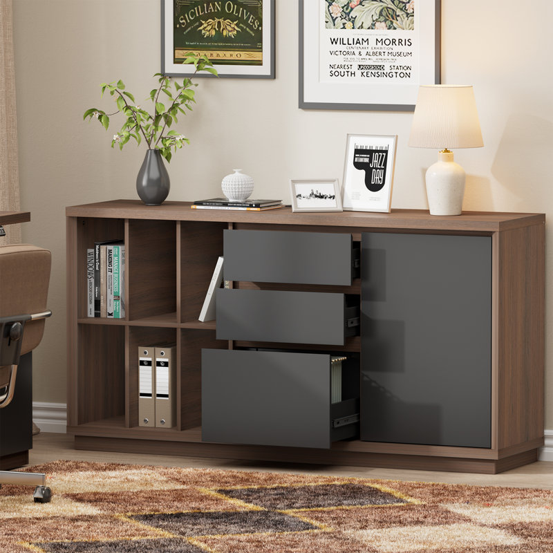 60"W - 3 Drawers Lateral File Cabinet With Door, Adjustable Shelves, Power Strip, And Open Storage For Home Office