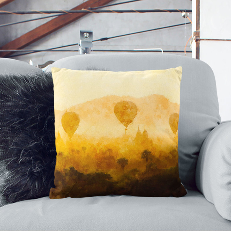 Hot Air Balloons over Myanmar Painting Cushion with Filling, 40cm H x 40cm W x 15cm D