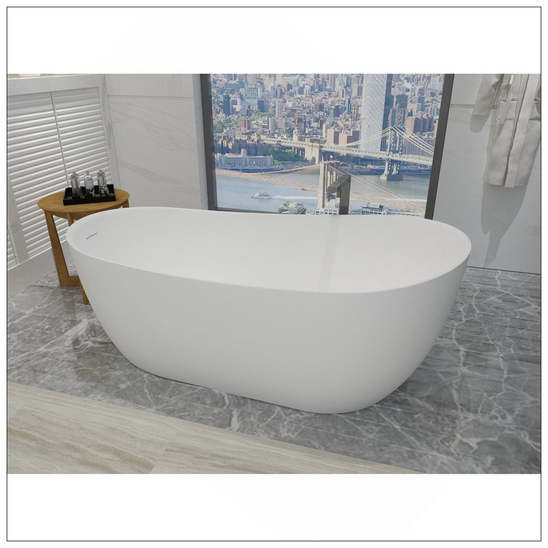 67 Inch Freestanding Solid Surface Soaking Bathtub Matte White