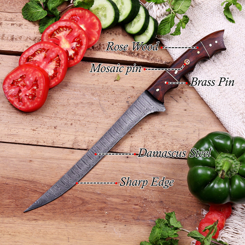 Fillet Knife Handmade Damascus Steel Rose Wood Handle Use as Boning Fishing 