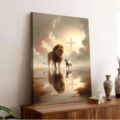 Lion And Lamb Canvas Wall Art Lion Of Judah Clouds Cross Painting Picture Wall Decor God Christian Religious Poster Print Artwork For Church Living Room Bedroom Home Decoration