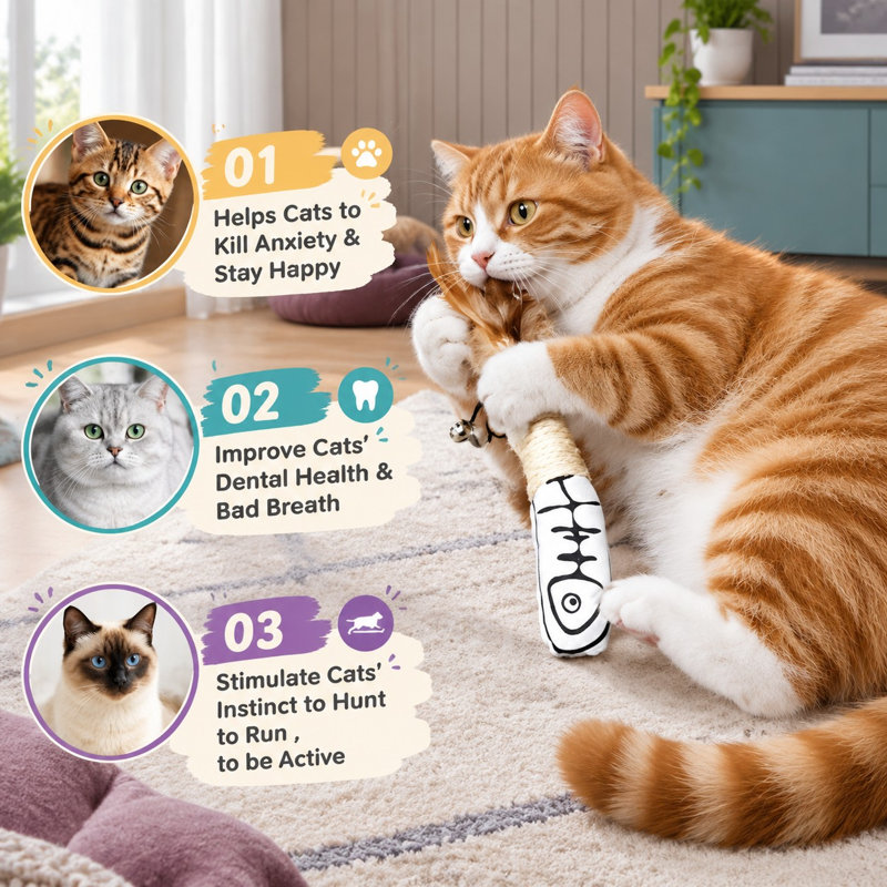 Ce paquet de 3 combine des jouets en plumes d'herbe à chat avec de la corde et des cloches en silvervine.