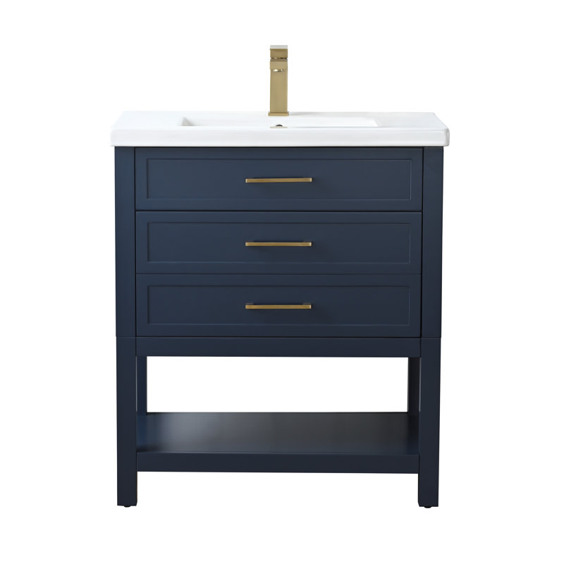 Vicini 30'' Single Vanity with Ceramic Top, Indigo Blue / Brushed Gold