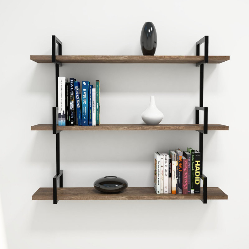 Tablette murale moderne avec pieds en métal, finition noyer, 34,3 po x 29,9 po x 8,9 po | Fabrication 100% bois de pin, hauteur de tablette de 11,8 po | Conception élégante et fonctionnelle pour un rangement supplémentaire, parfait pour la décoration industrielle et contemporaine