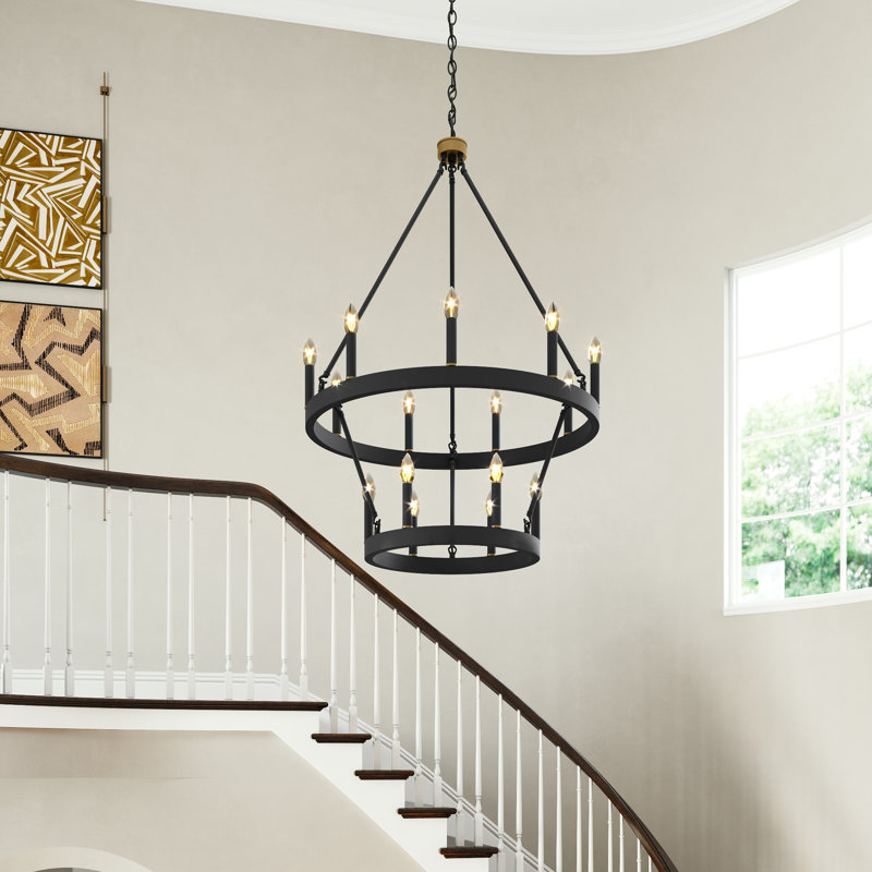 Adriana 15-Light 2-Tier Dimmable Wagon Wheel Chandelier, Brass/Black