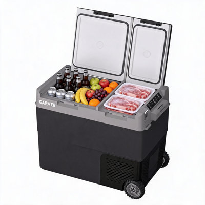 61QT Dual Zone Portable Car Refrigerator – -4°F to 68°F Compressor Freezer, APP Control, Large Handle & Wheels, Dual USB, 12V/24V DC & 100-240V AC – For RV, Camping, Truck, US Market – Black & Gray