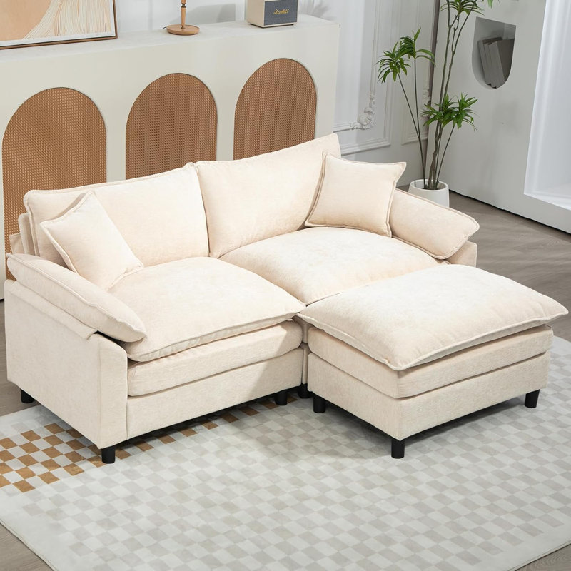 Canapé modulaire rembourré en L avec repose-pieds, H 34,6 po x l 80 po x P 57,8 po, Chenille beige