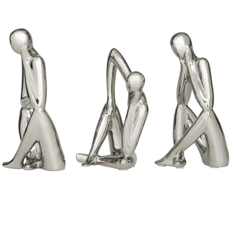 3 Piece Contemporary People Sculpture Set, Silver