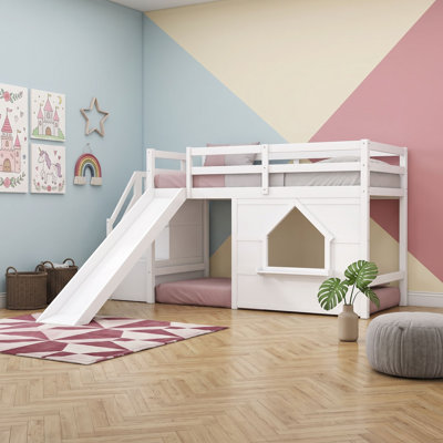 Wooden Twin over Twin Bunk Bed with Slide, LED Strip, Shelves and Stairs