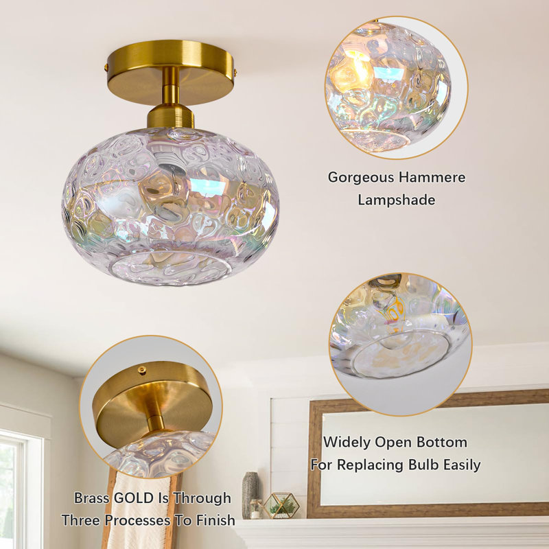 Gold Semi Flush Mount Ceiling Light with Stained Hammered Glass Shade