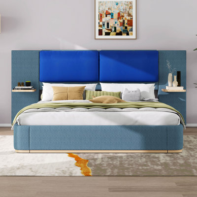 Queen Size Upholstered Platform Bed, Modern Bed Frame With Soft Rounded Corners & Headboard, Storage Space & Side Panels