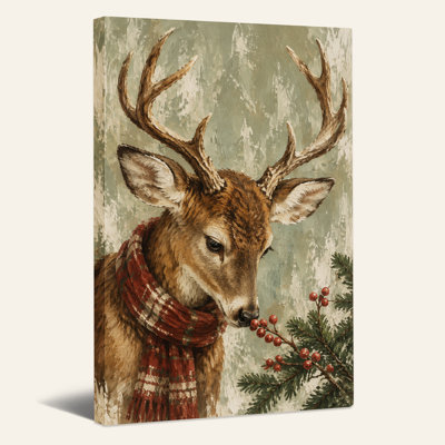 " Deer Buck in Red Plaid Scarf Near Pine Berries Christmas " Painting