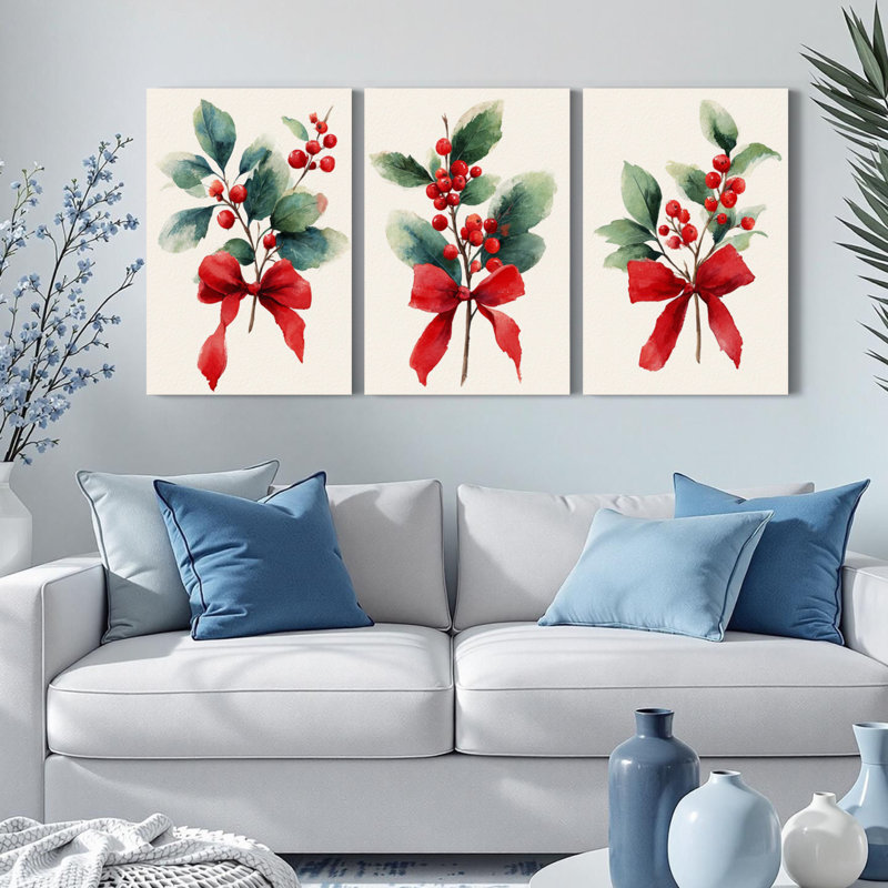 Ensemble de 3 tableaux sur toile tendue représentant du houx de Noël et un nœud rouge, H 18 po x l 36 po