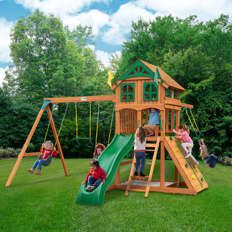 Avalon Cedar Wood Swing Set with Green Slide and Fort