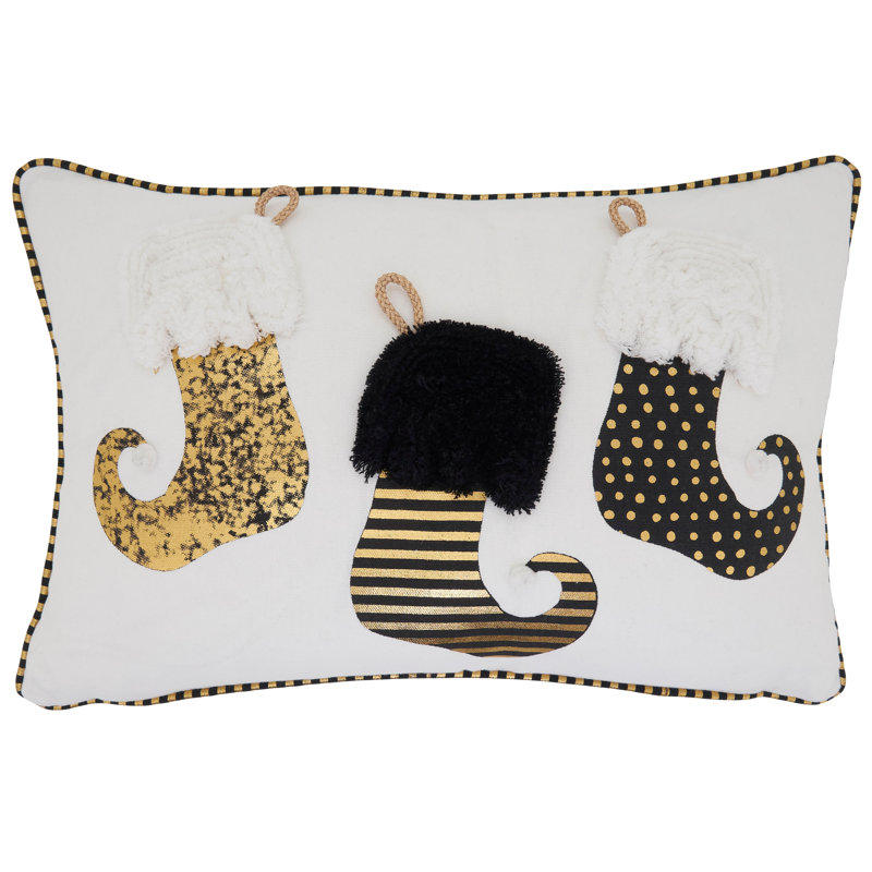 Black & Gold Christmas Collection Appliqued Cotton Throw Pillow, Feathers
