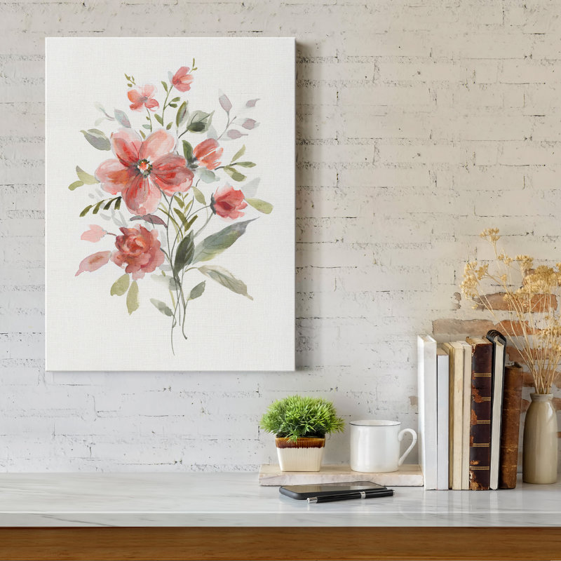 Lin corail botanique II - reproduction d'art sur toile tendue, H 27 po x l 18 po x P 1 po