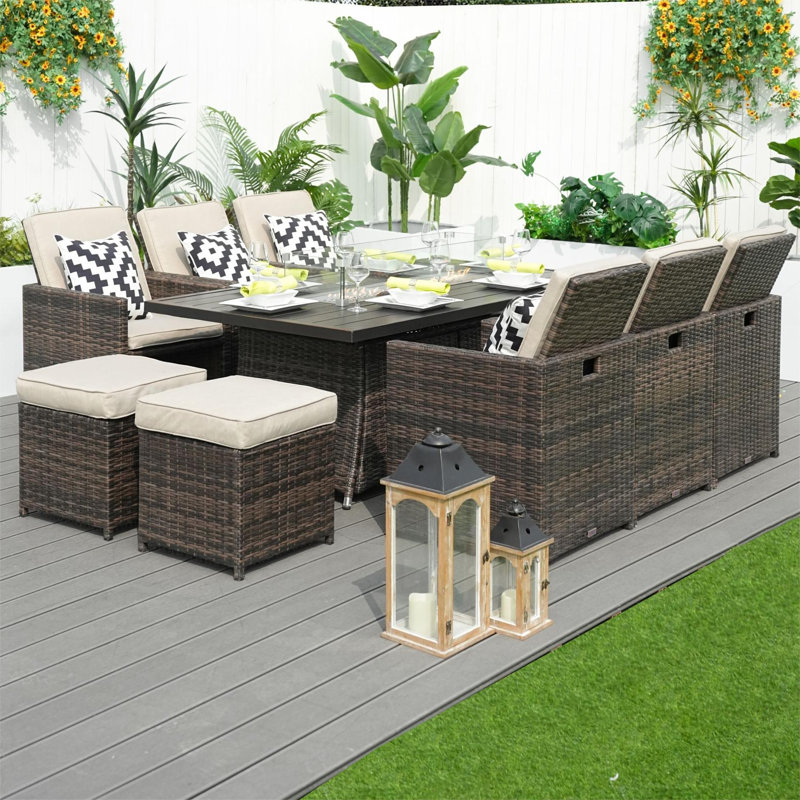 Rectangular 6 - Person 70.87'' Long Fire Pit Table Dining Set With Cushions, Brown
