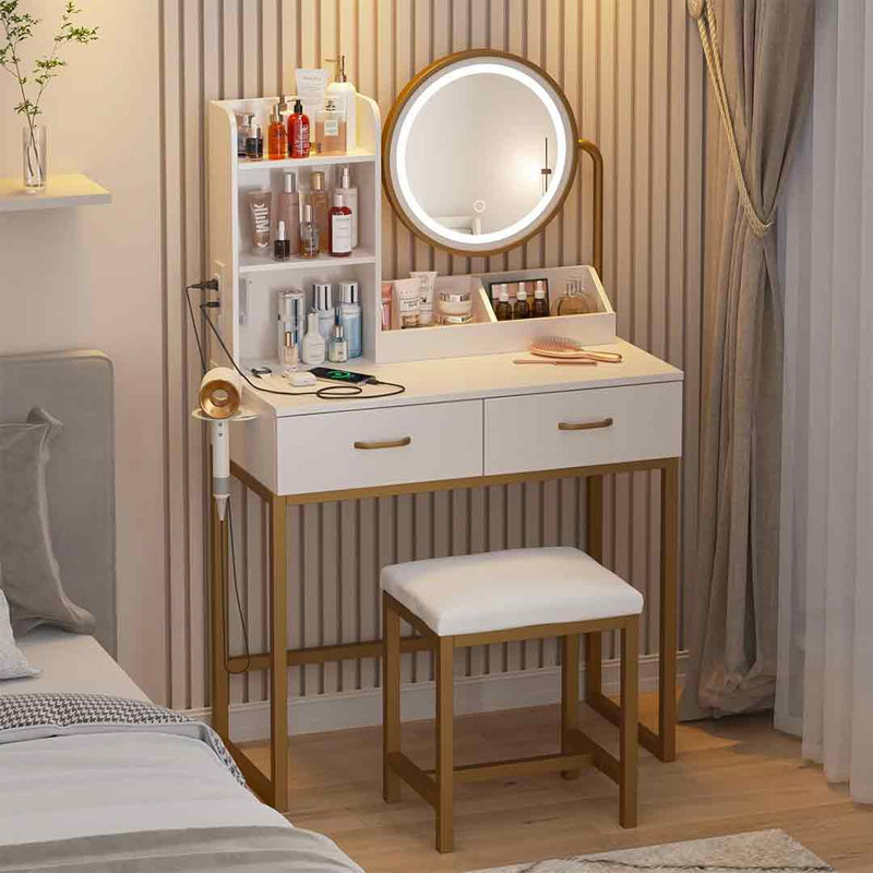 Makeup Vanity Desk With Round Mirror And Lights, Gold/White