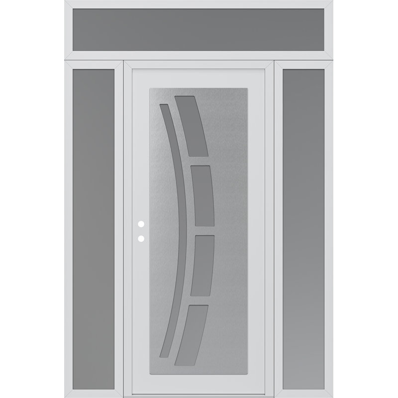 C12 à droite 68 po X 96 po Panneau en acier argenté et verre givré blanc et blanc avec 2 panneaux latéraux et porte d'entrée avant en verre givré