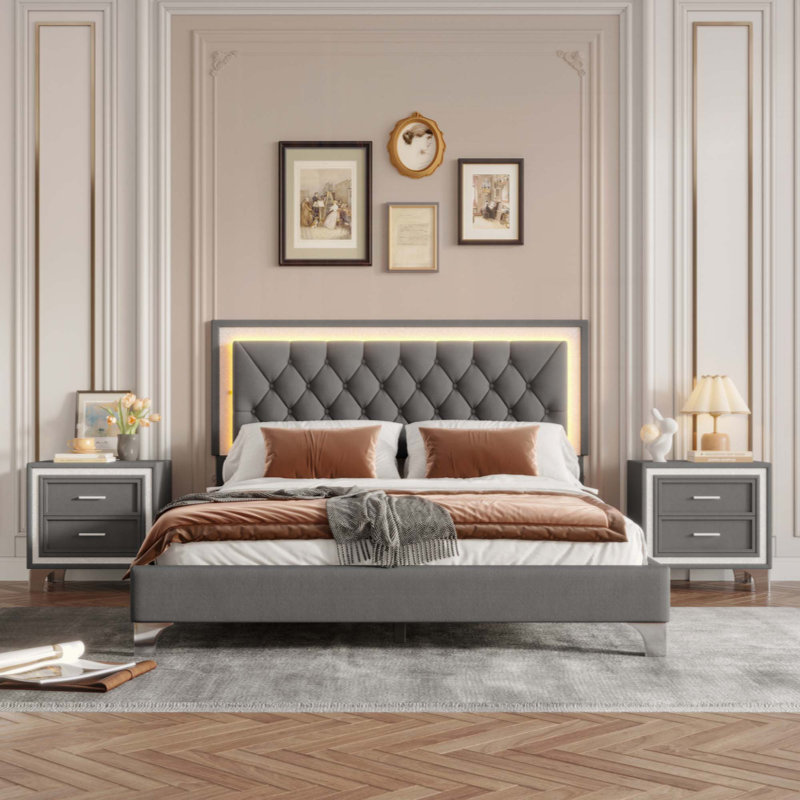 Ensemble de chambre à coucher 3 pièces, lit plateforme tapissier avec lumières DEL et deux tables de chevet