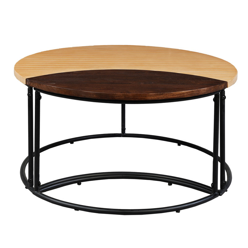 Table basse 35 pièces 2 pièces avec cadre en fer noir, plateau en bois de manguier 2 tons brun naturel et noyer